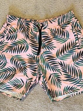 Men’s Tropical Leaf Print Swim Shorts L Pink Green  Black Drawstring Bathingsuit